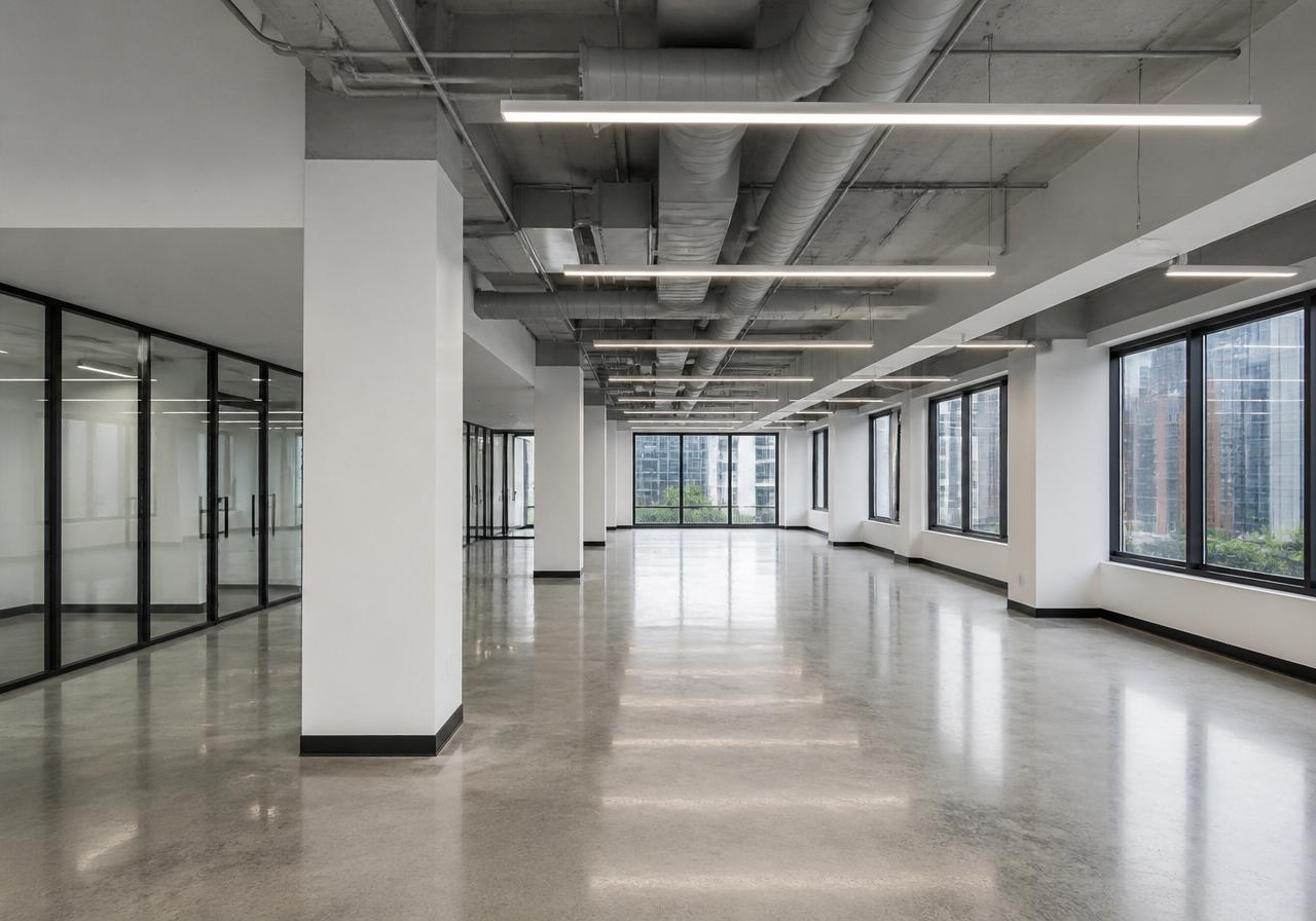 A modern commercial office freshly painted in clean whites and grays