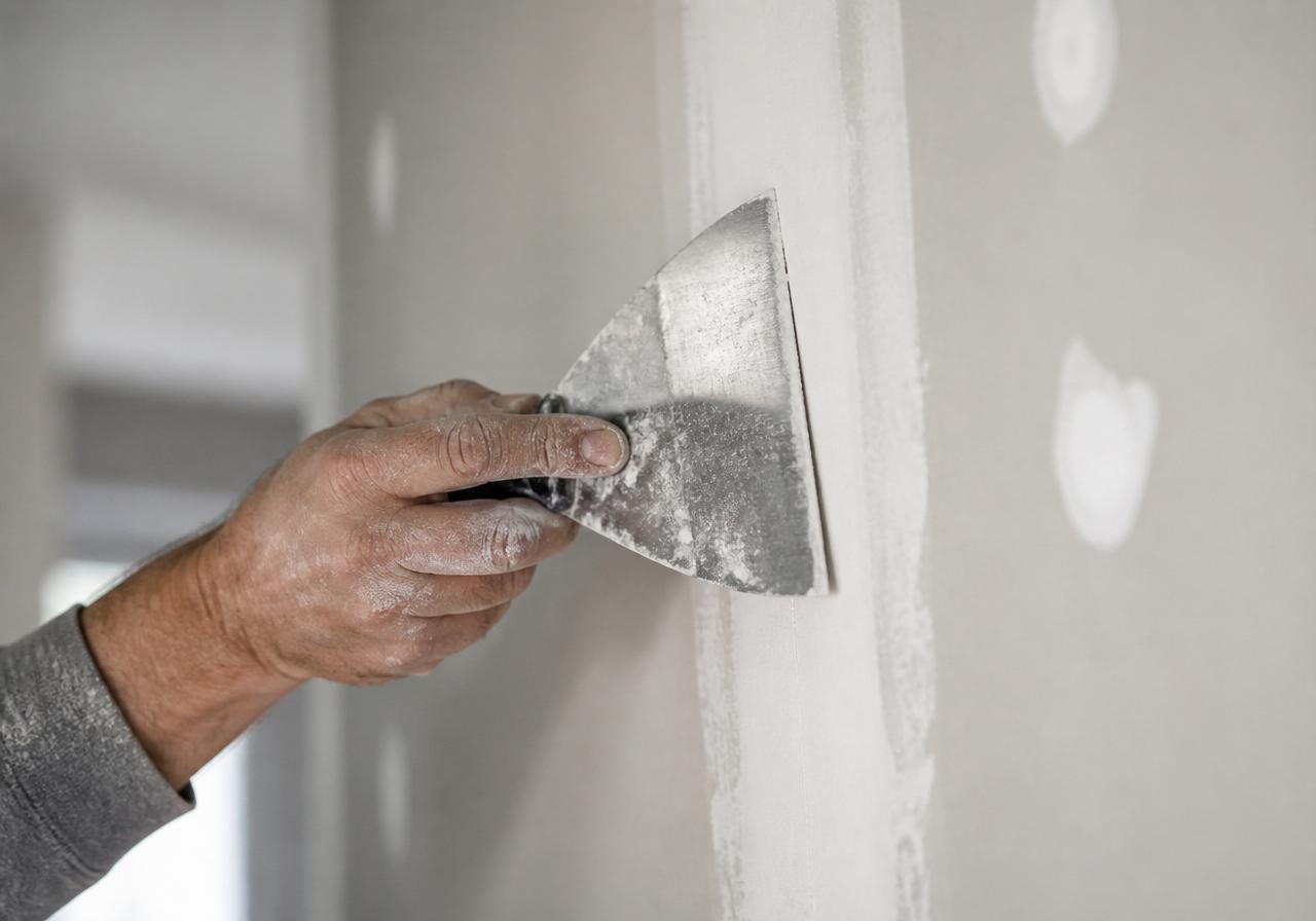 Close-up of a skilled hand smoothing joint compound onto drywall