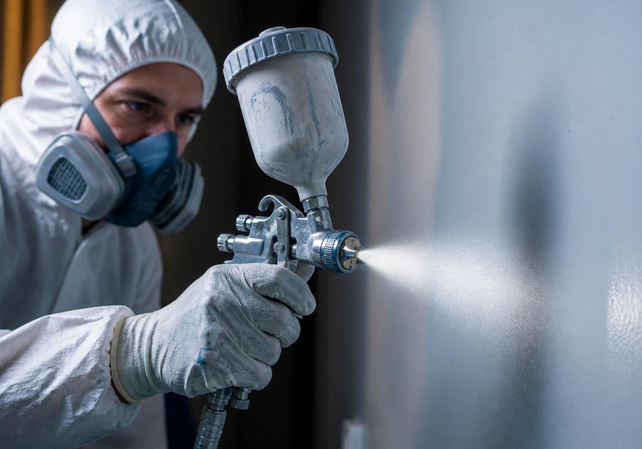 A painter using a paint sprayer with fine atomized mist