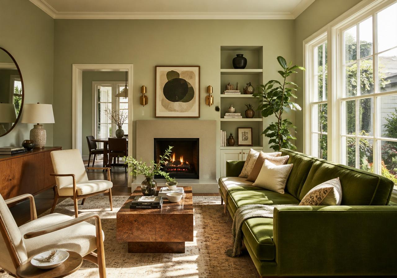 A modern Los Angeles living room with sage green walls and warm afternoon light