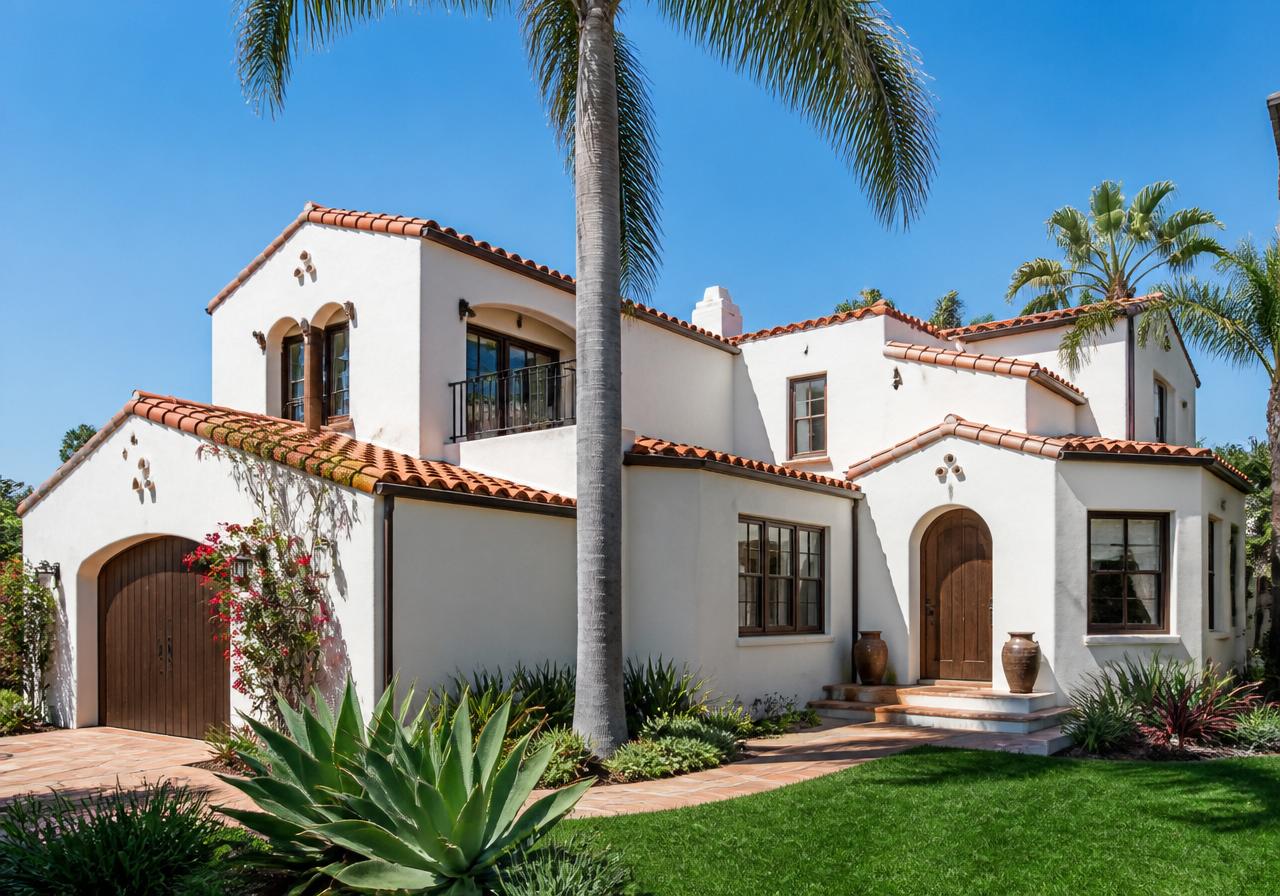 A freshly painted Spanish-style Los Angeles home exterior under bright California sun