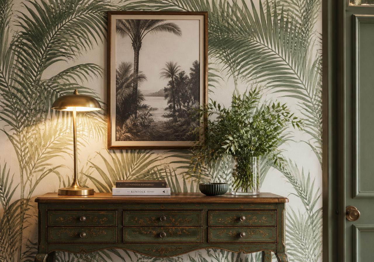 An elegant interior wall with botanical palm-leaf wallpaper